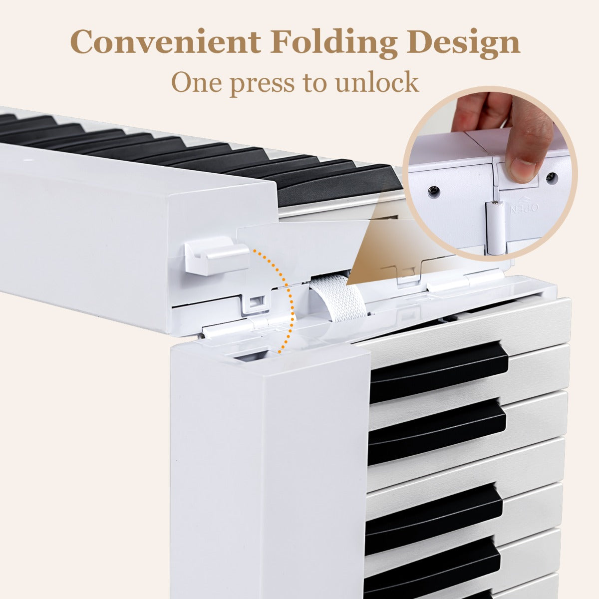 88-Key Foldable Digital Piano with MIDI &amp; Wireless BT &amp; Bag-White