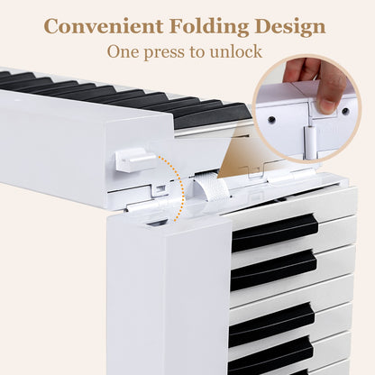 88-Key Foldable Digital Piano with MIDI &amp; Wireless BT &amp; Bag-White