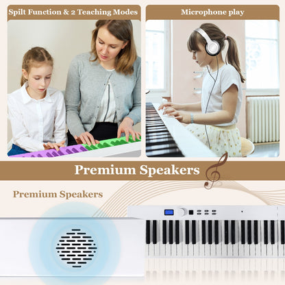 88-Key Foldable Digital Piano with MIDI &amp; Wireless BT &amp; Bag-White