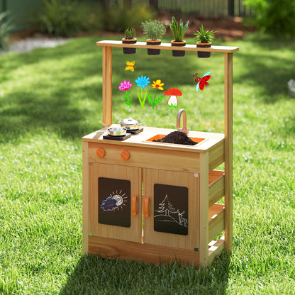 Mud Kitchen for Kids Fir Wood Kitchen Playset with Planting Pots-Natural