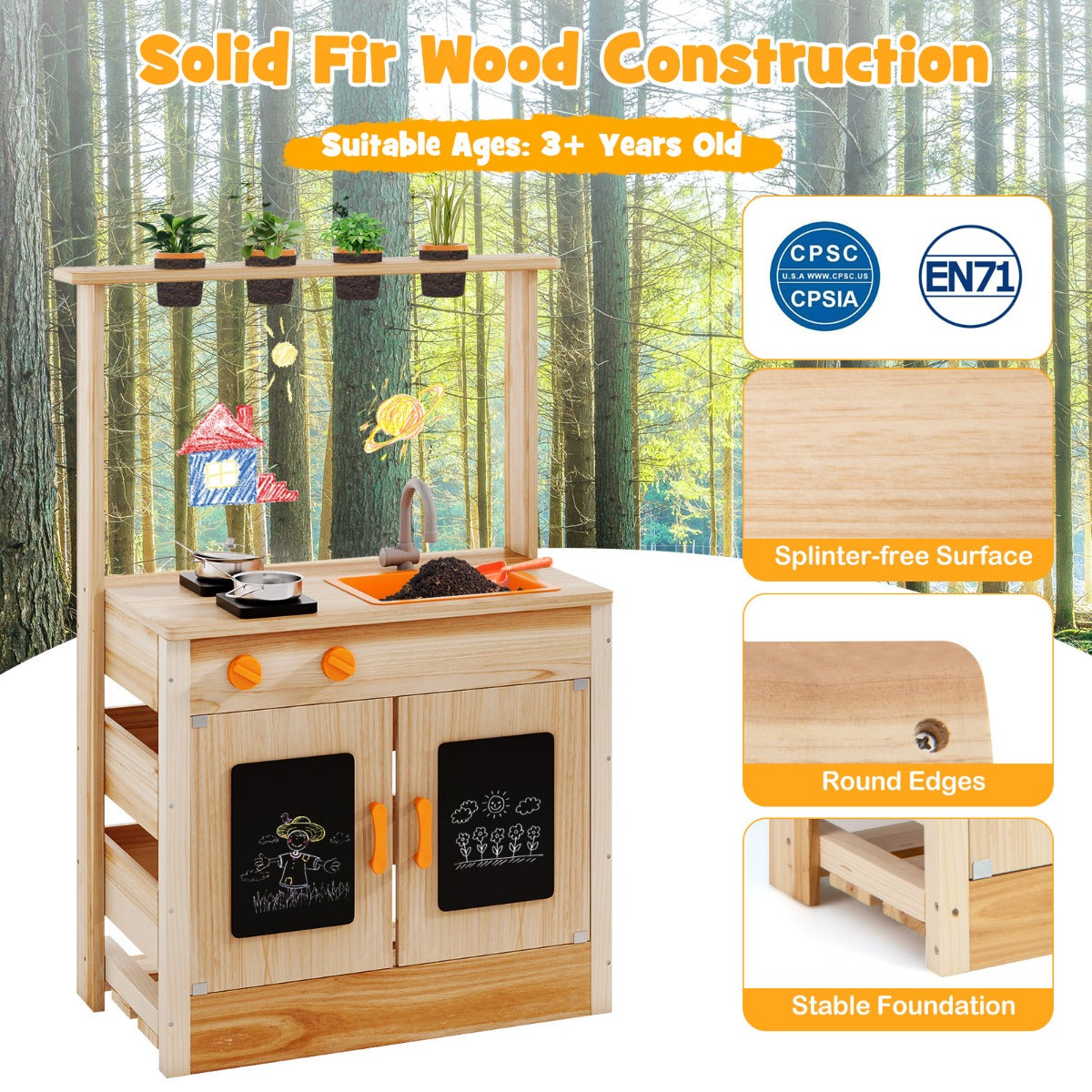 Mud Kitchen for Kids Fir Wood Kitchen Playset with Planting Pots-Natural