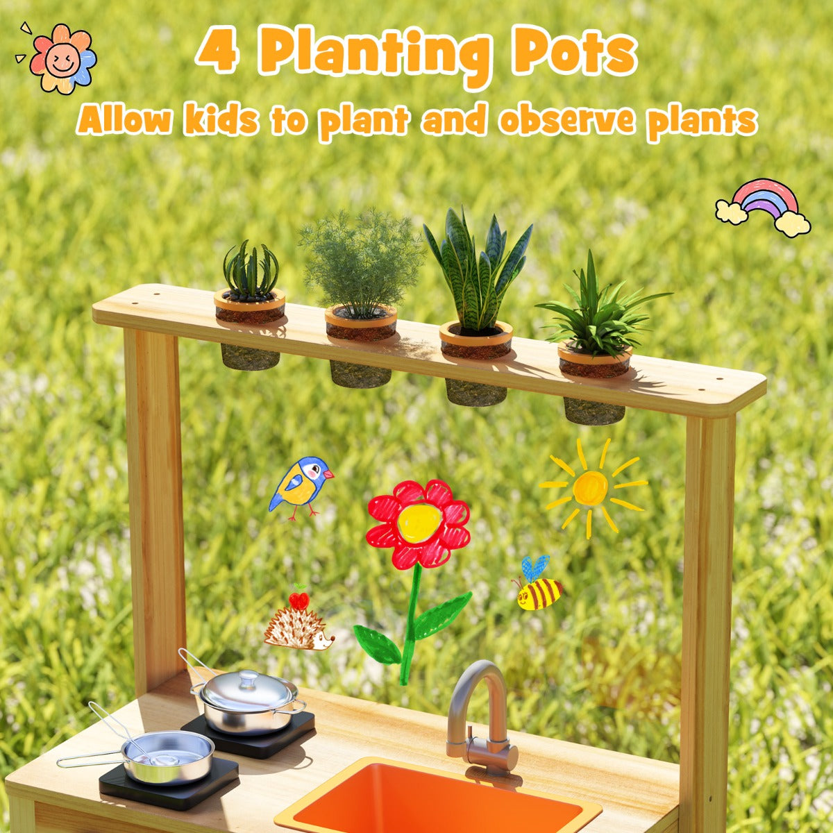 Mud Kitchen for Kids Fir Wood Kitchen Playset with Planting Pots-Natural