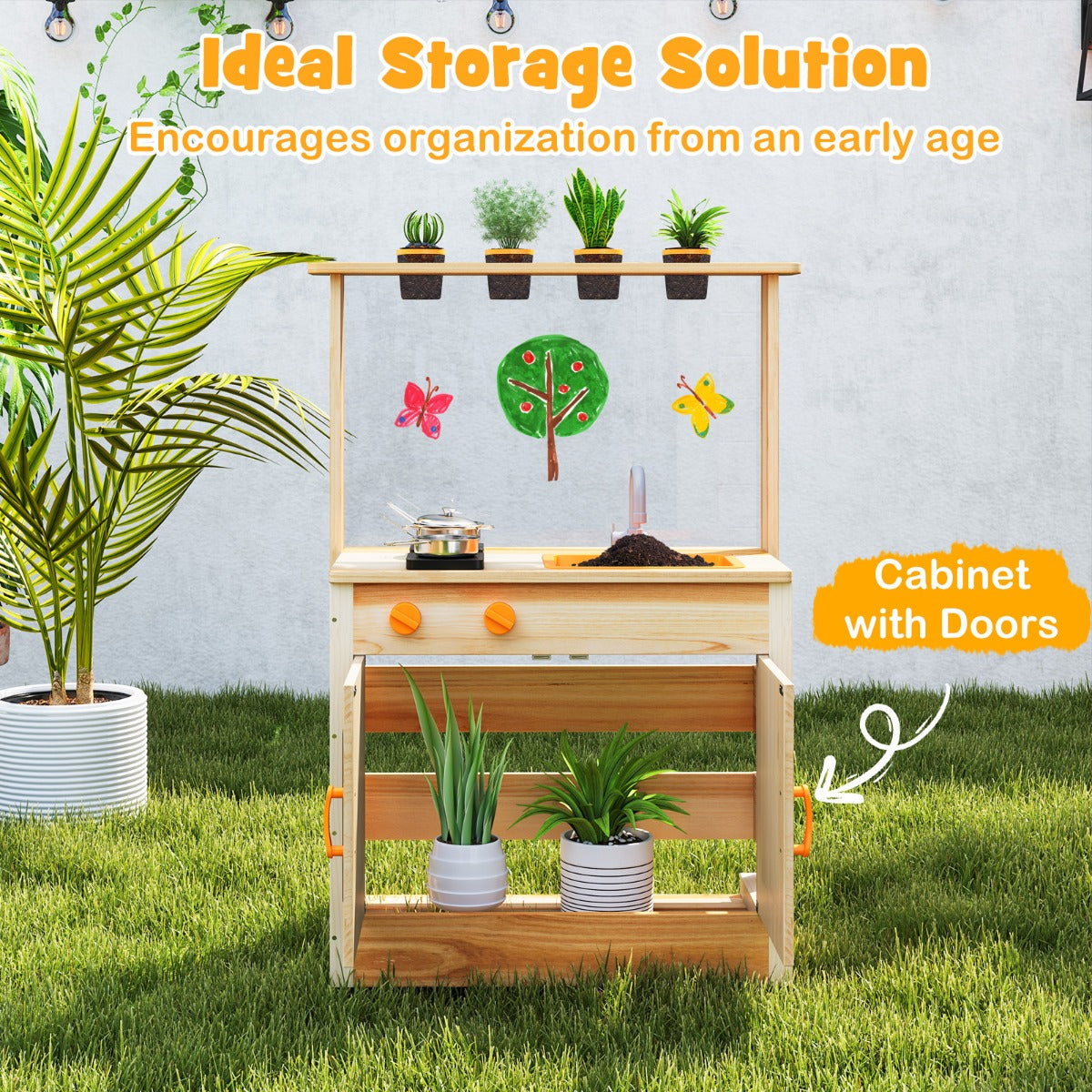 Mud Kitchen for Kids Fir Wood Kitchen Playset with Planting Pots-Natural