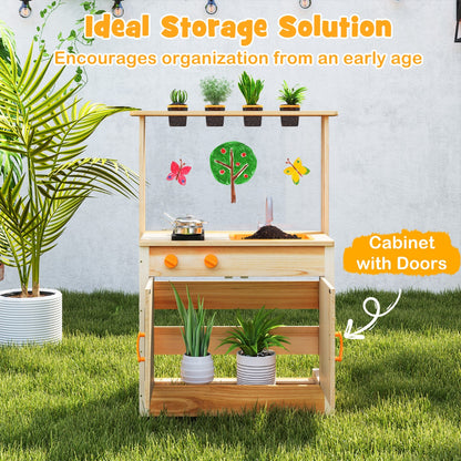 Mud Kitchen for Kids Fir Wood Kitchen Playset with Planting Pots-Natural