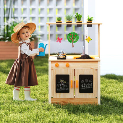 Mud Kitchen for Kids Fir Wood Kitchen Playset with Planting Pots-Natural