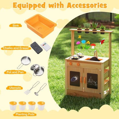 Mud Kitchen for Kids Fir Wood Kitchen Playset with Planting Pots-Natural