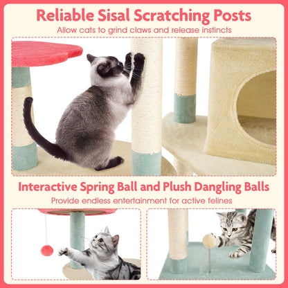 Multi-Level Aesthetic Floral Kitten Tower with Condo and Perch-Red