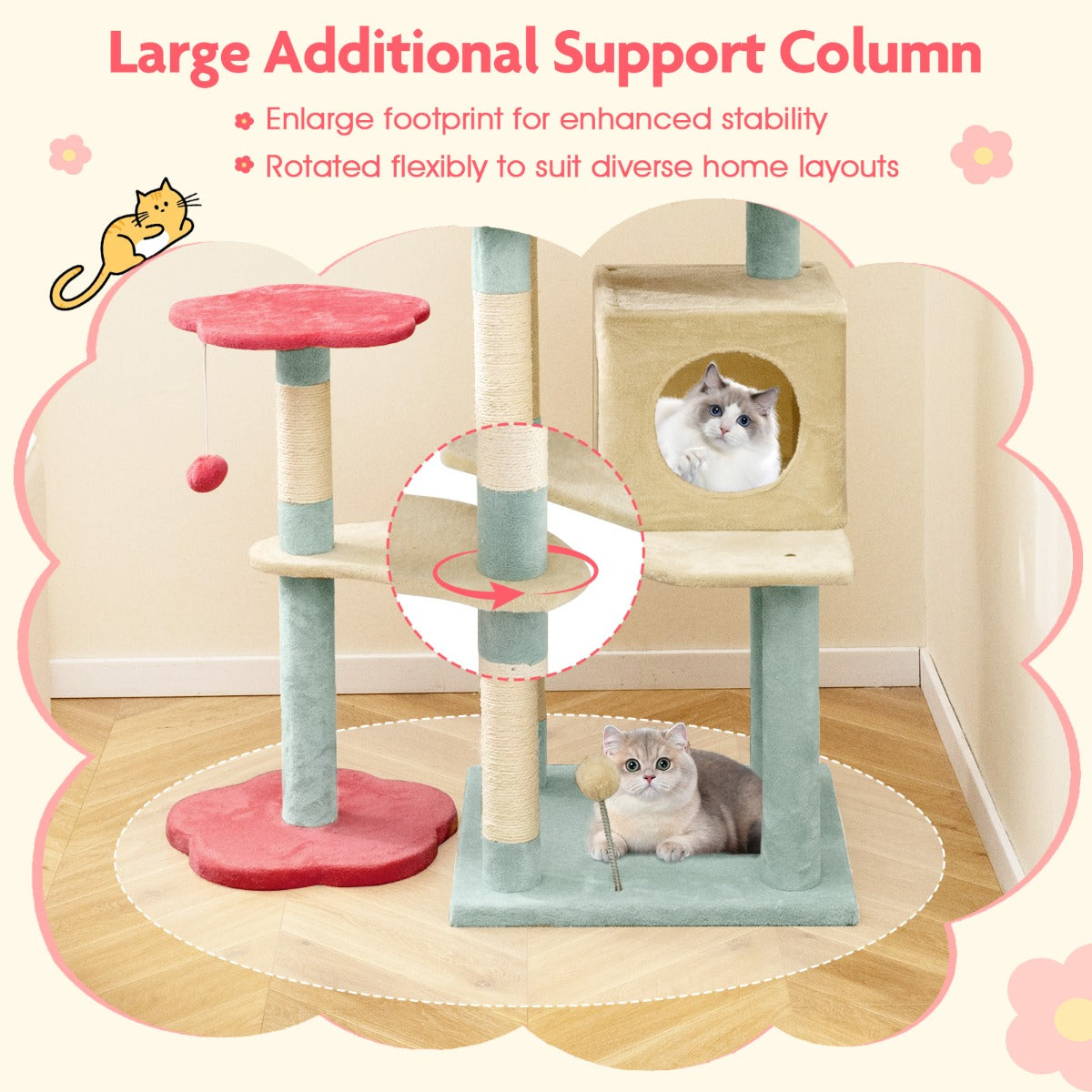 Multi-Level Aesthetic Floral Kitten Tower with Condo and Perch-Red
