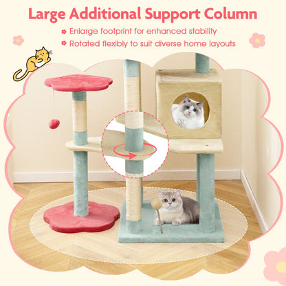 Multi-Level Aesthetic Floral Kitten Tower with Condo and Perch-Red
