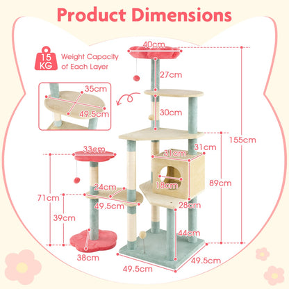 Multi-Level Aesthetic Floral Kitten Tower with Condo and Perch-Red