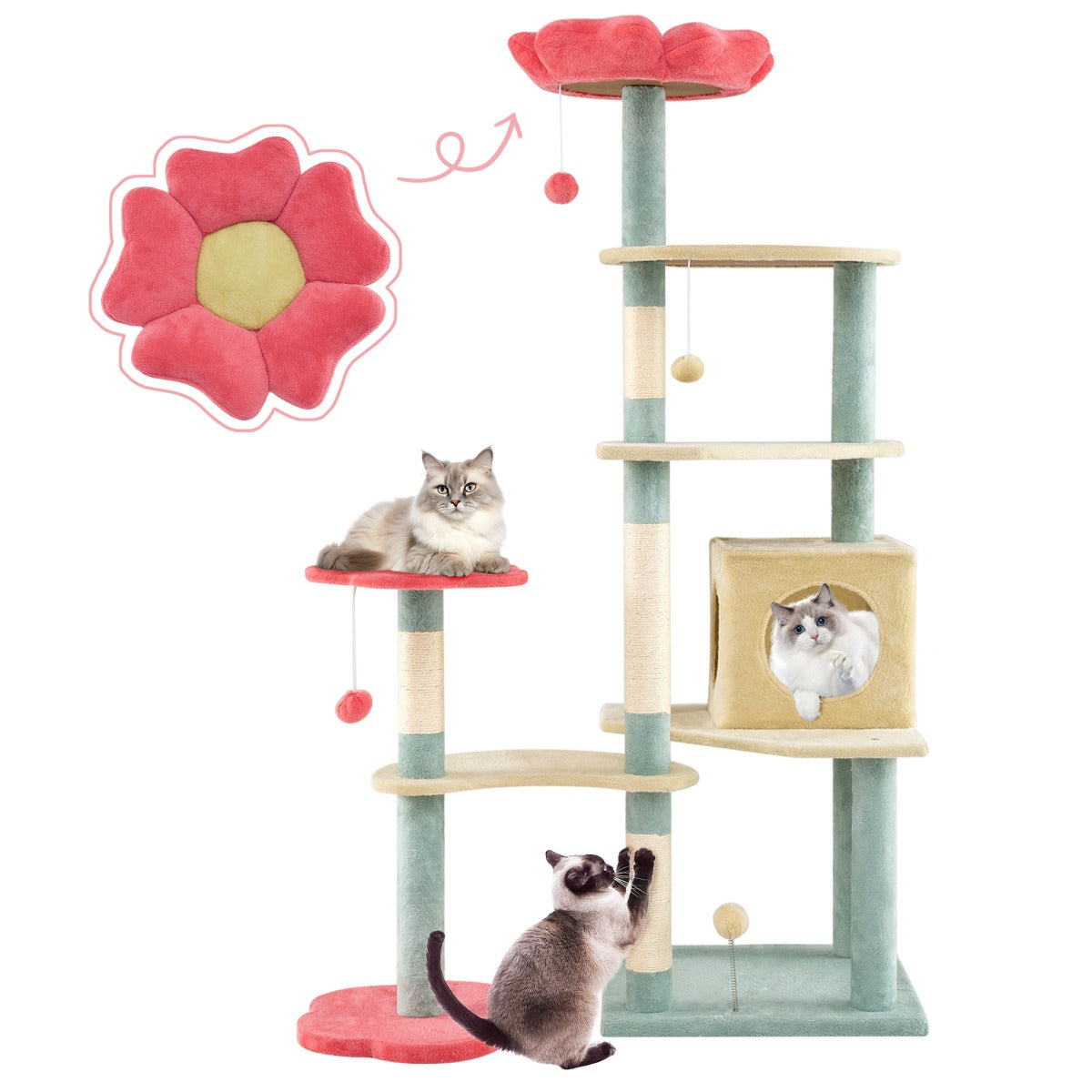 Multi-Level Aesthetic Floral Kitten Tower with Condo and Perch-Red