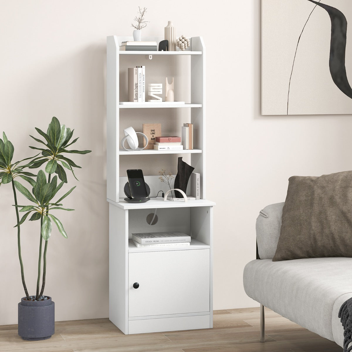 Multifunctional End Side Table with 6-Level Adjustable Shelves for Bedroom-White