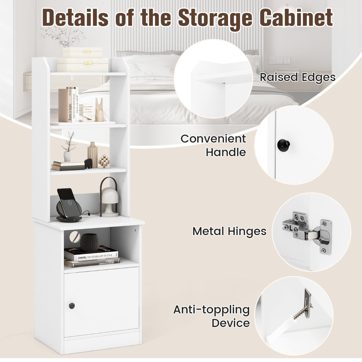 Multifunctional End Side Table with 6-Level Adjustable Shelves for Bedroom-White