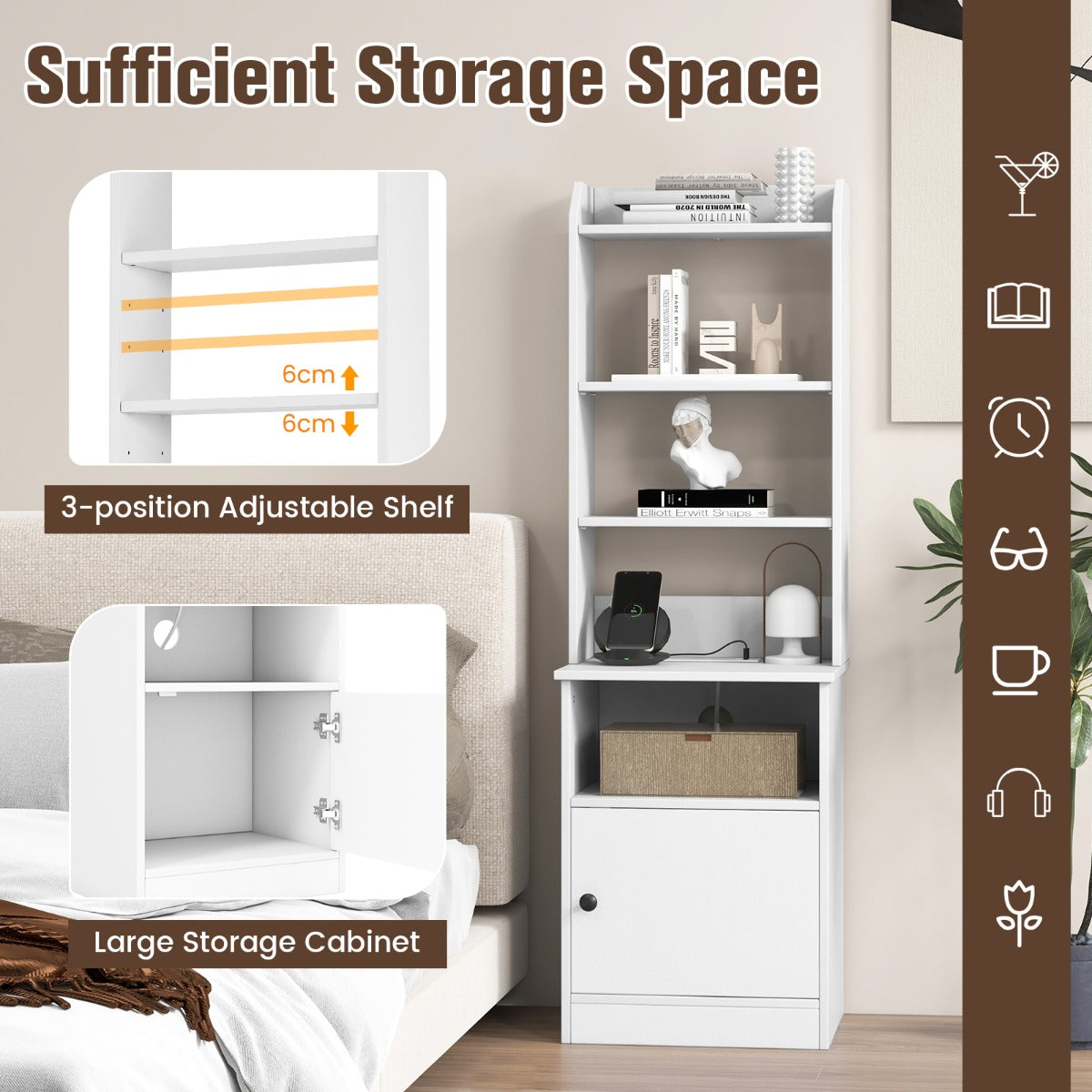 Multifunctional End Side Table with 6-Level Adjustable Shelves for Bedroom-White