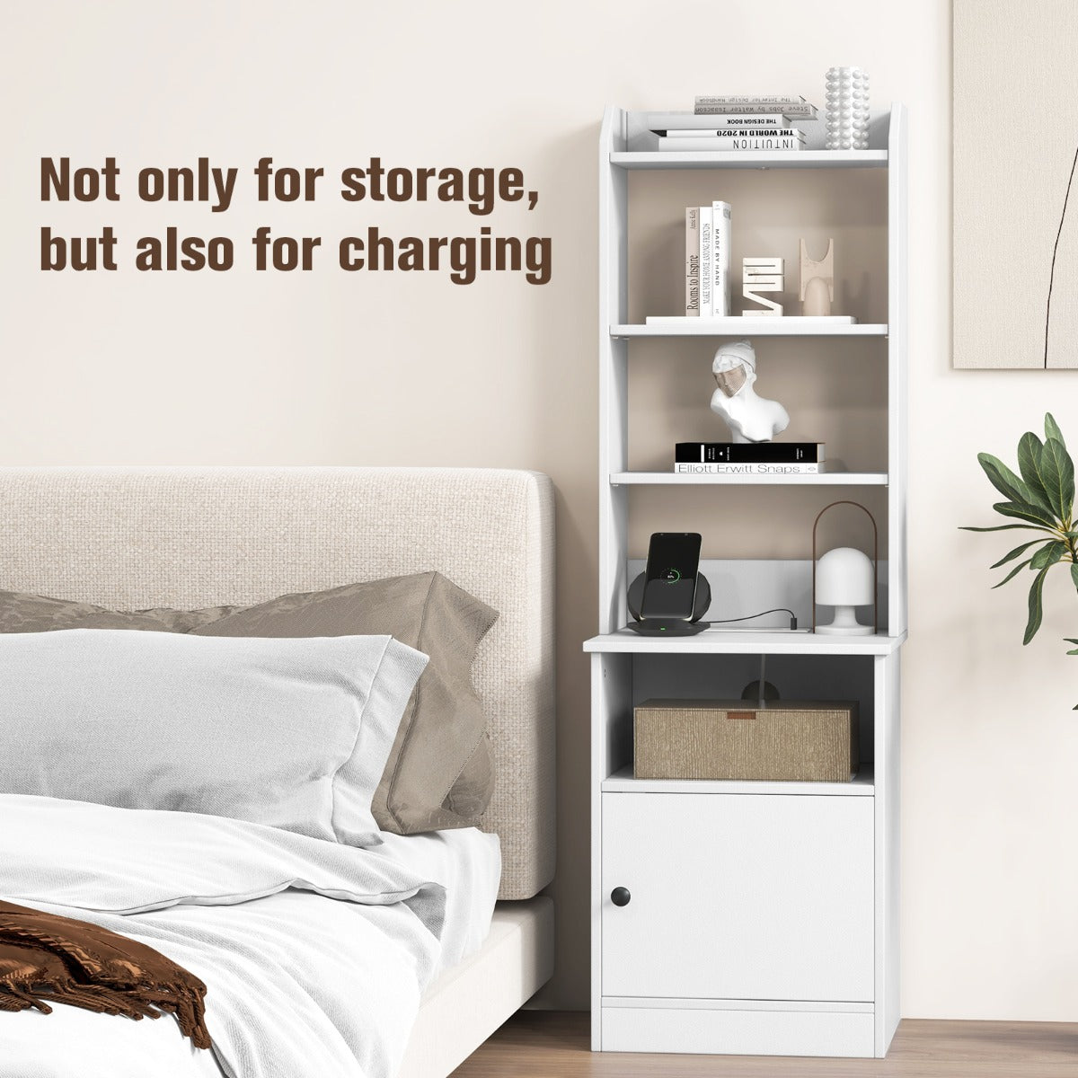 Multifunctional End Side Table with 6-Level Adjustable Shelves for Bedroom-White