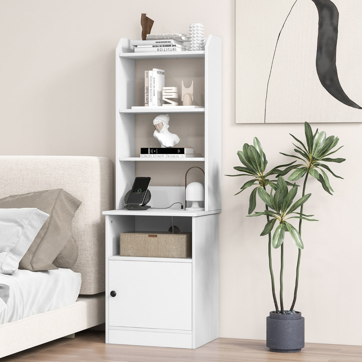 Multifunctional End Side Table with 6-Level Adjustable Shelves for Bedroom-White