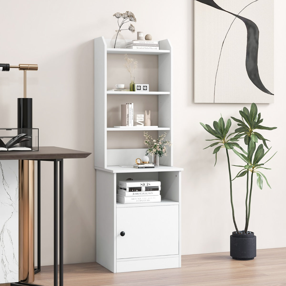 Multifunctional End Side Table with 6-Level Adjustable Shelves for Bedroom-White