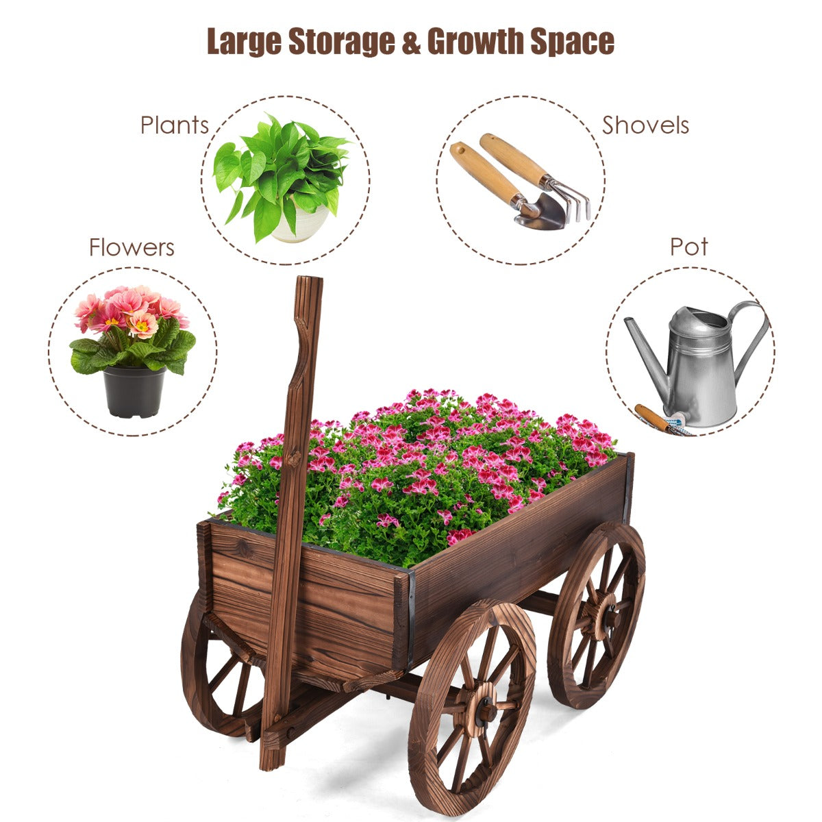 Costway Multifunctional Flower Cart Made of Anti-Corrosion Wood with 4 Wheels