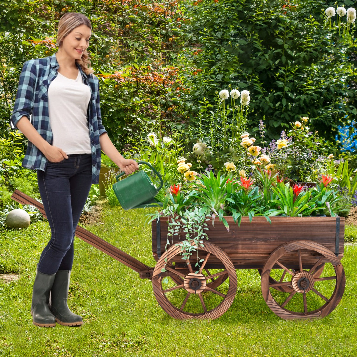 Spacious car body planter offers room for colorful flowers and attractive garden arrangements