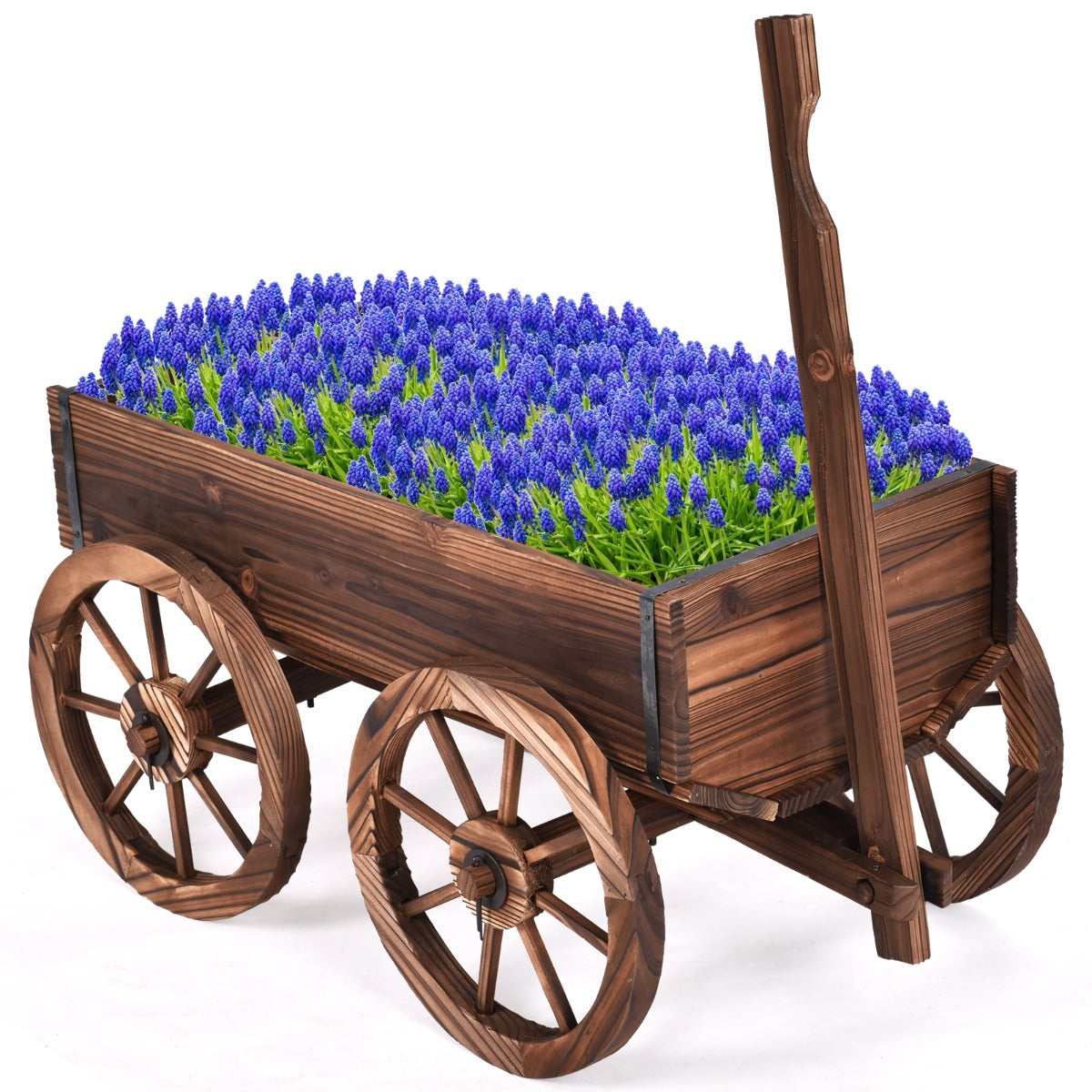 Metal strips and sturdy wooden construction provide reliable stability for the decorative plant cart