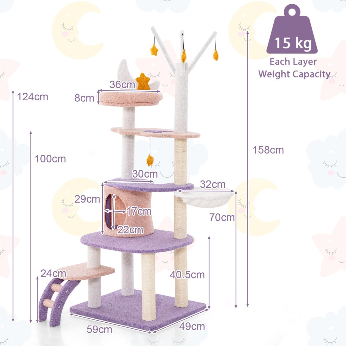 Purplish Pink Multi-Level Cat Tree with Platforms, Condo & Sisal Posts