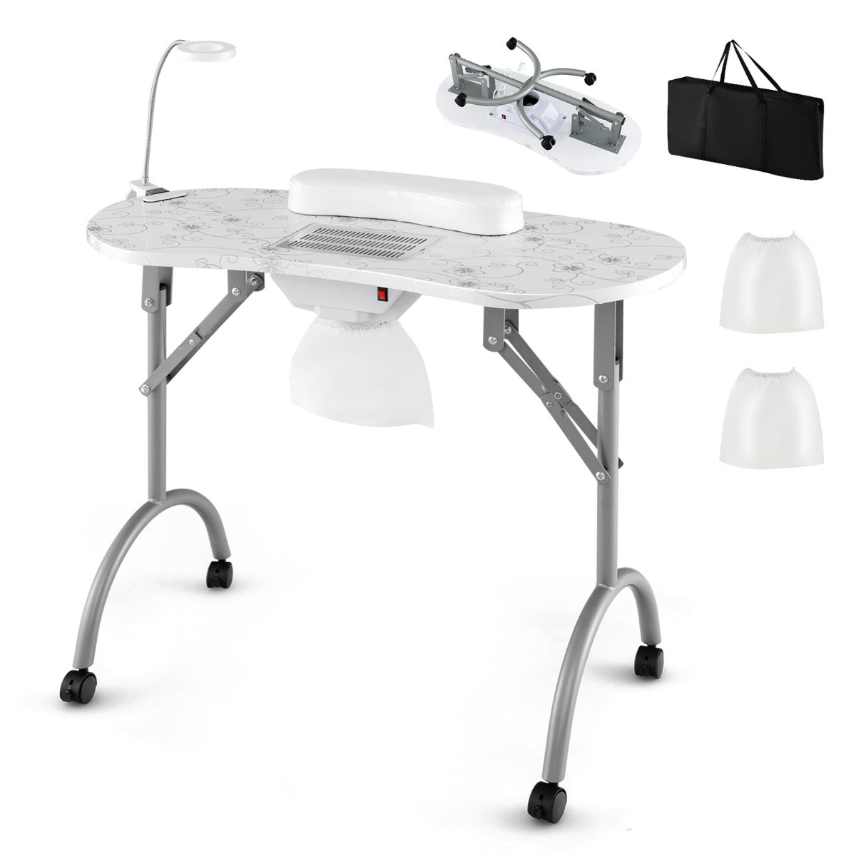 Folding Manicure Nail Table with Electric Dust Collector-White