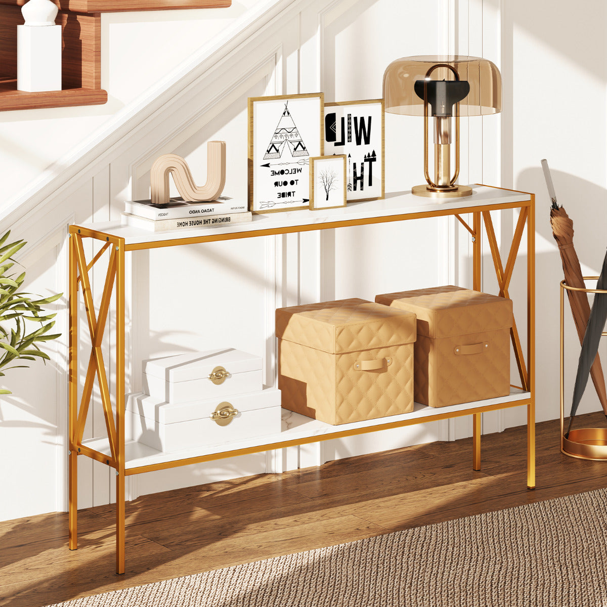 Narrow Console Table with Storage and 2 Support Bars-White