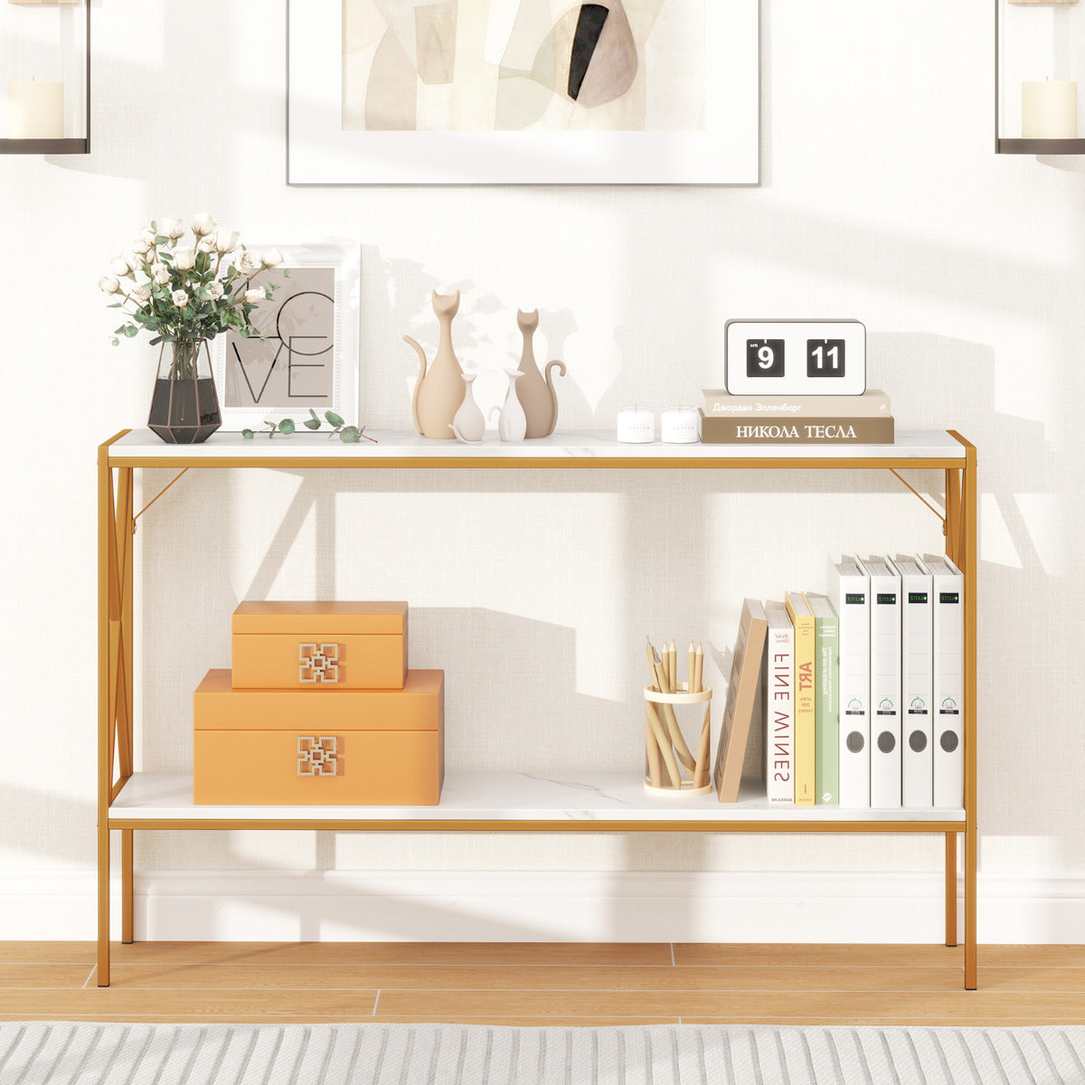 Narrow Console Table with Storage and 2 Support Bars-White