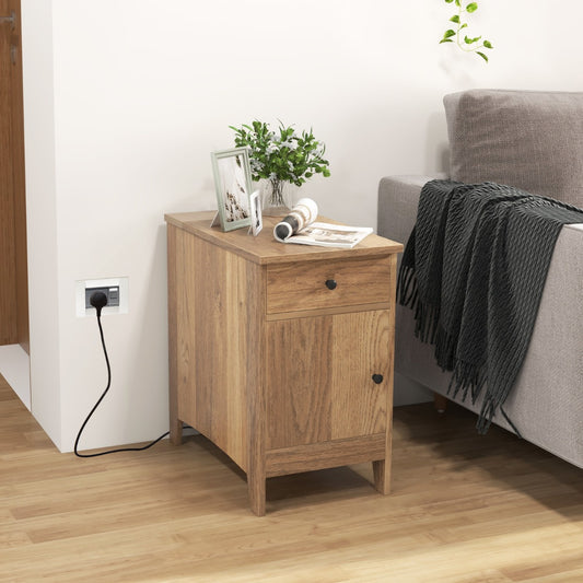 Costway Narrow Nightstand with USB Ports and Outlets-Natural