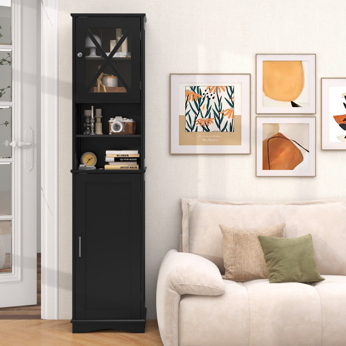 Narrow Tall Bathroom Freestanding Storage Cabinet with 5 Adjustable Shelves-Black