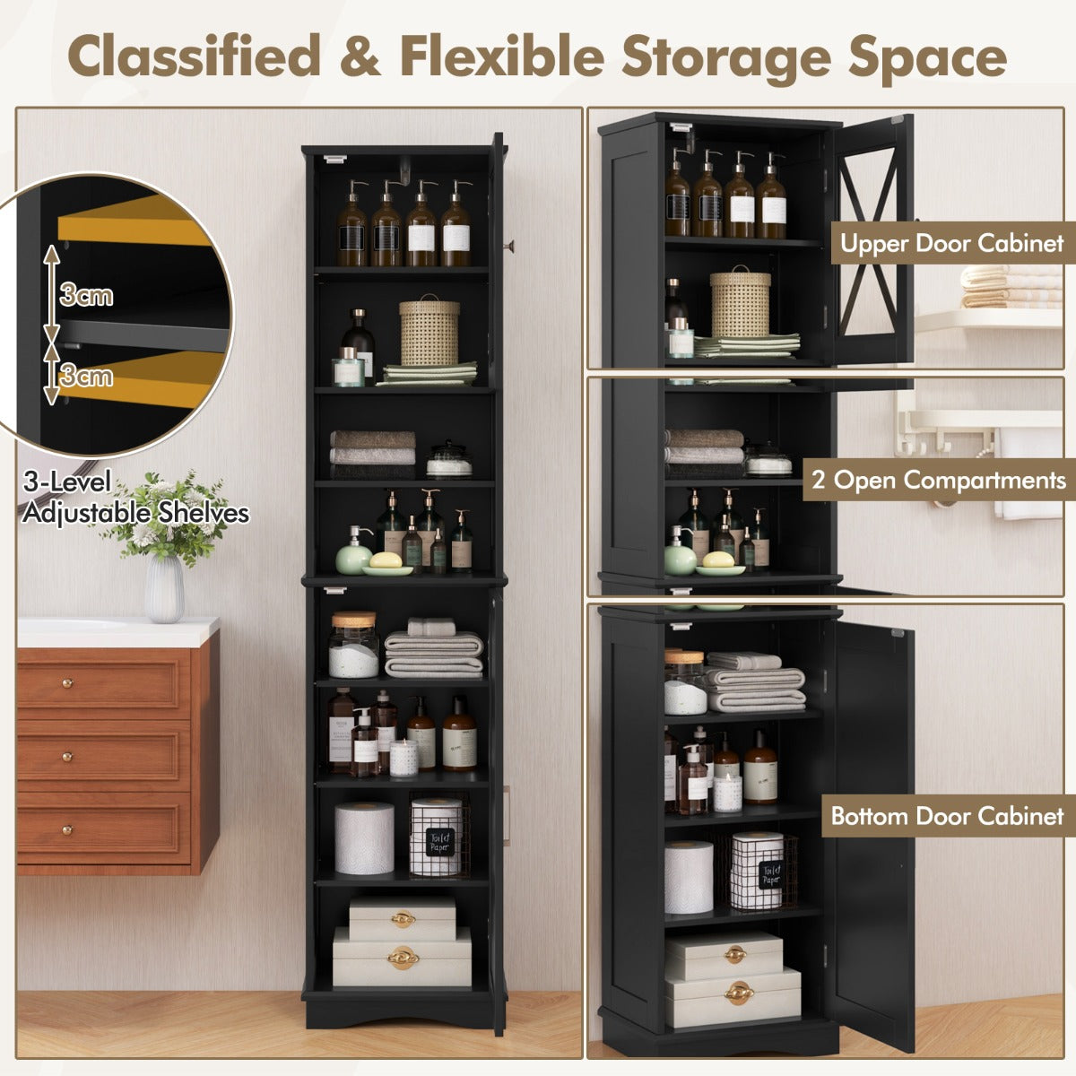 Narrow Tall Bathroom Freestanding Storage Cabinet with 5 Adjustable Shelves-Black