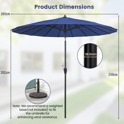 Beige patio umbrella with UV50 canopy, crank handle, tilt adjustment, and 18 fiberglass ribs