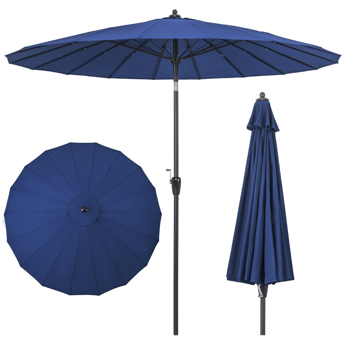 Large round outdoor umbrella provides generous shade for patios, gardens, poolsides, and backyards