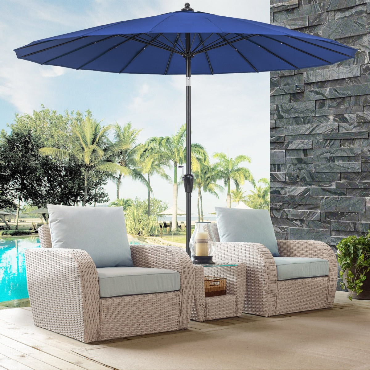 Eighteen fiberglass ribs create a sturdy wind-resistant frame for dependable outdoor support