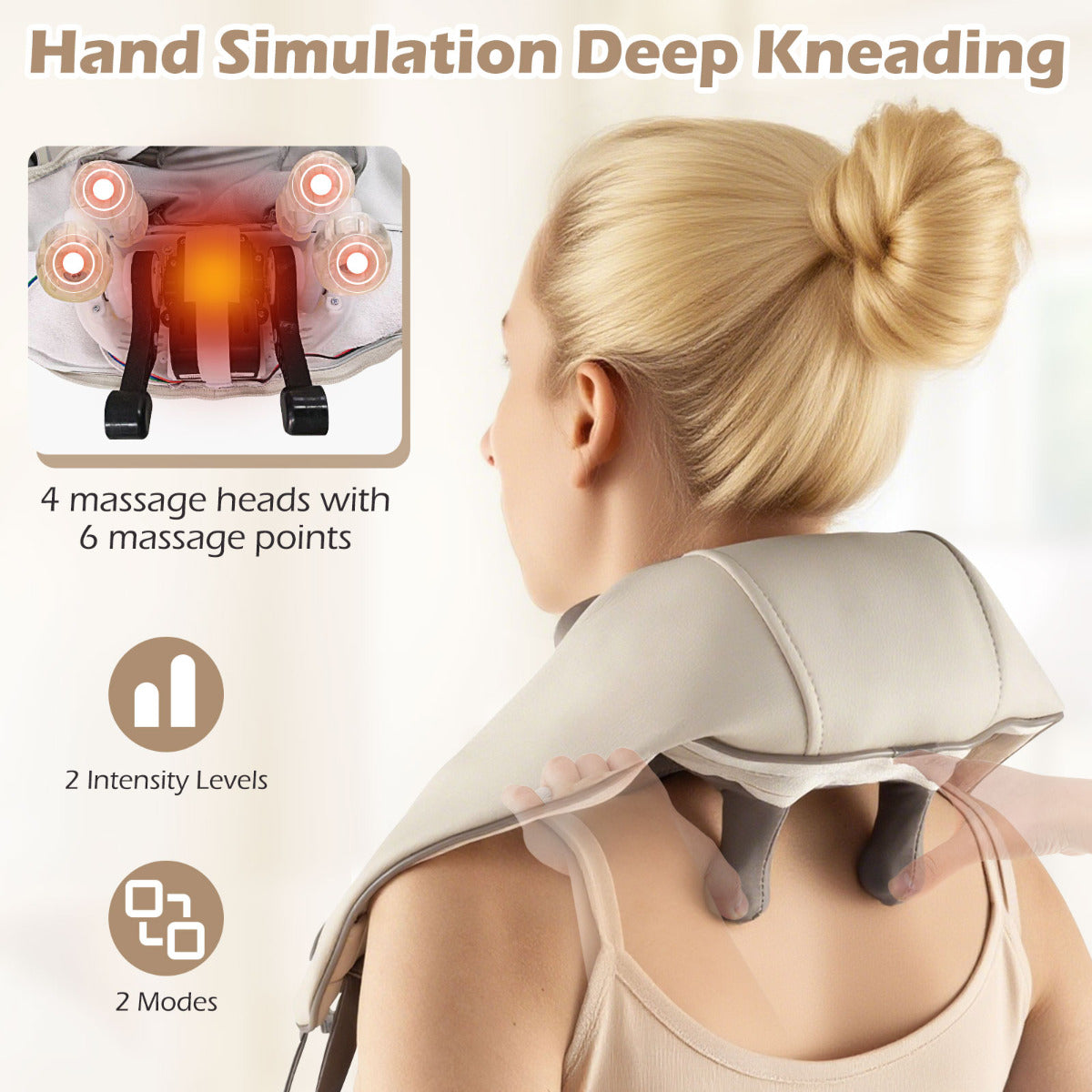 Neck Shoulder Massager 4D Tissue Kneading Shiatsu with 2 Heating Levels-Beige