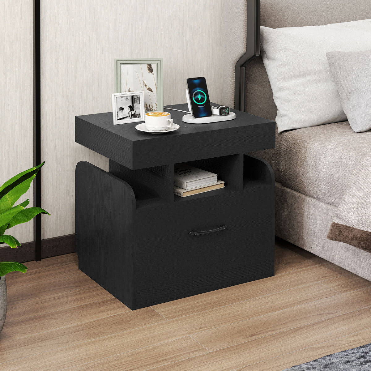 Nightstand with Charging Station and Sliding Top Storage-Black