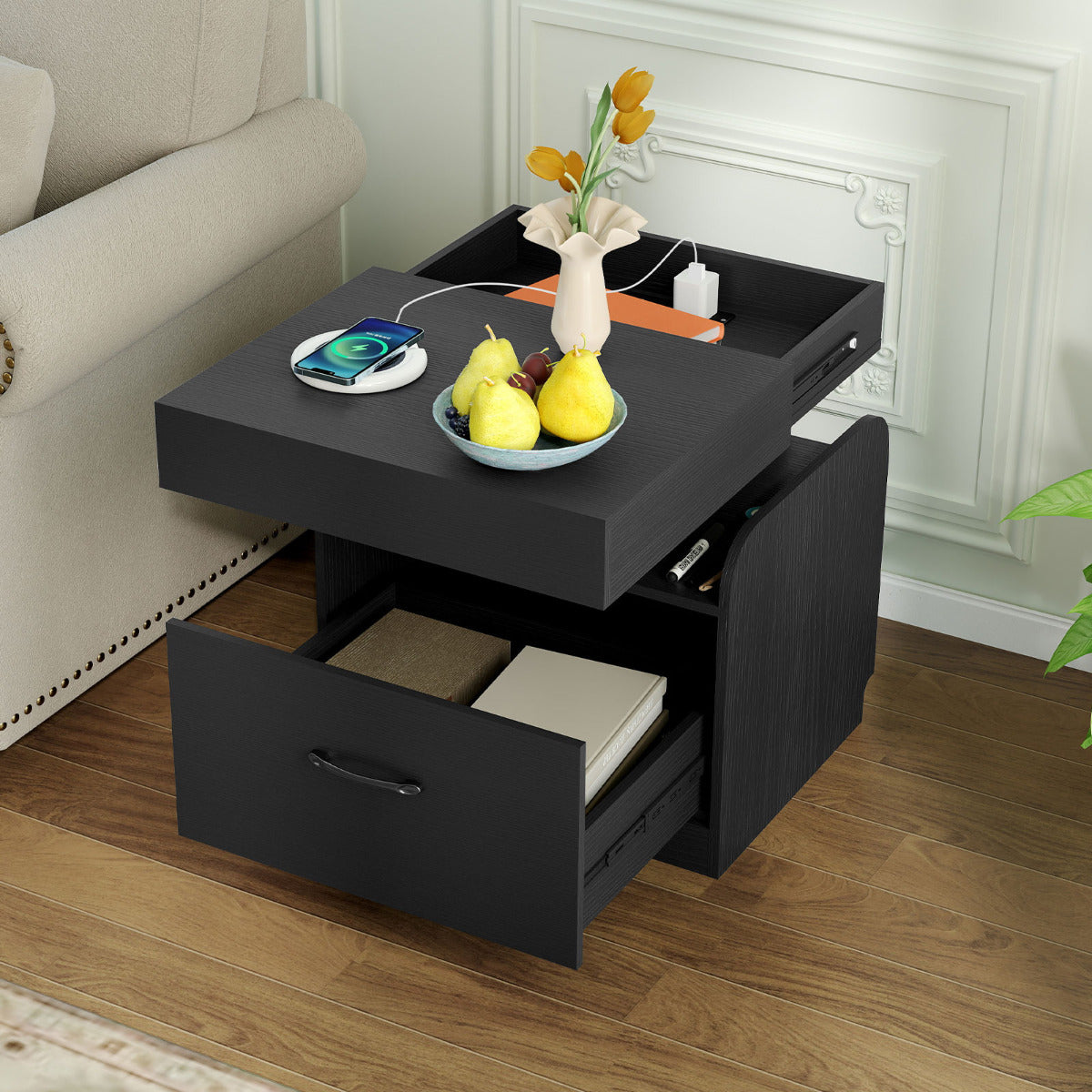 Nightstand with Charging Station and Sliding Top Storage-Black