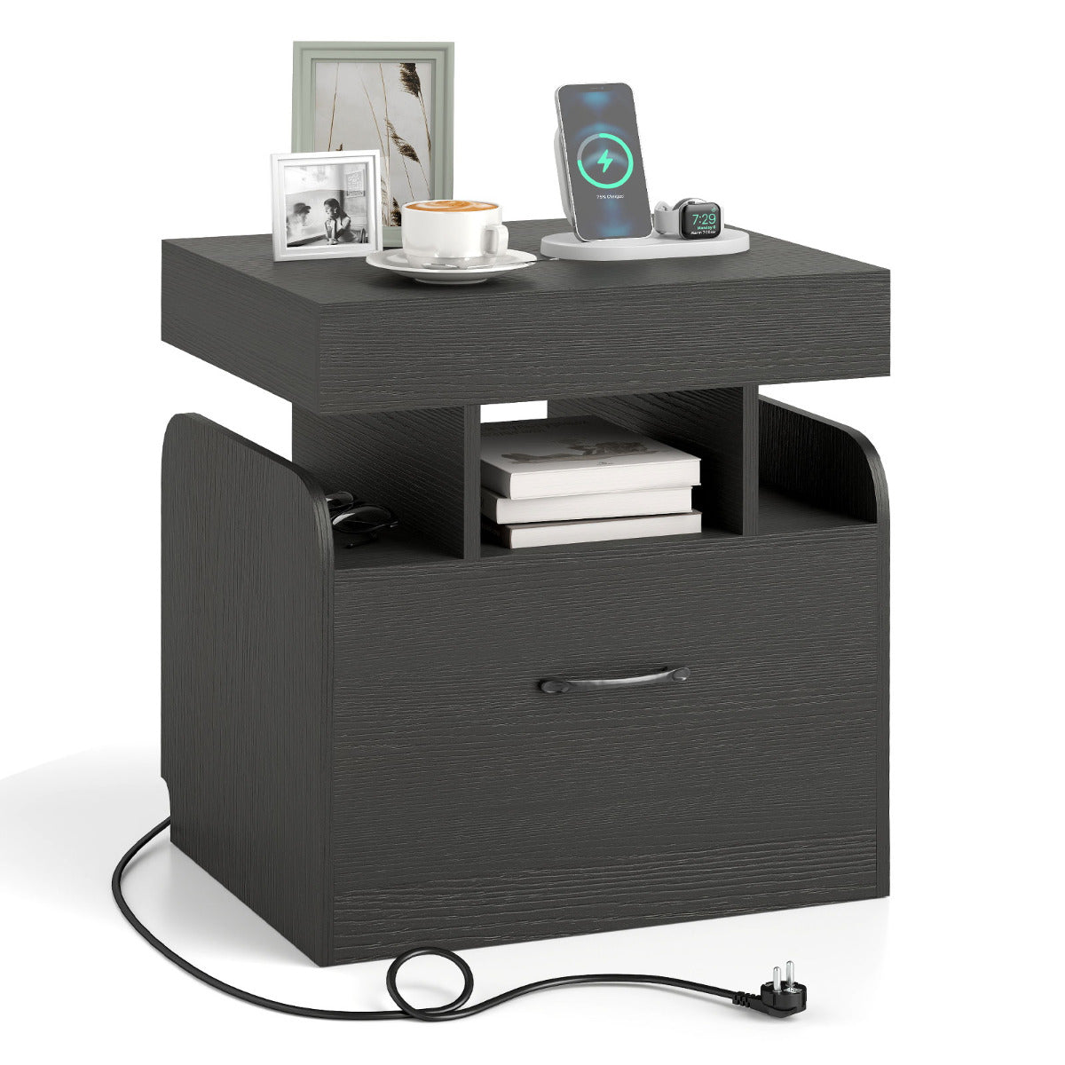 Nightstand with Charging Station and Sliding Top Storage-Black