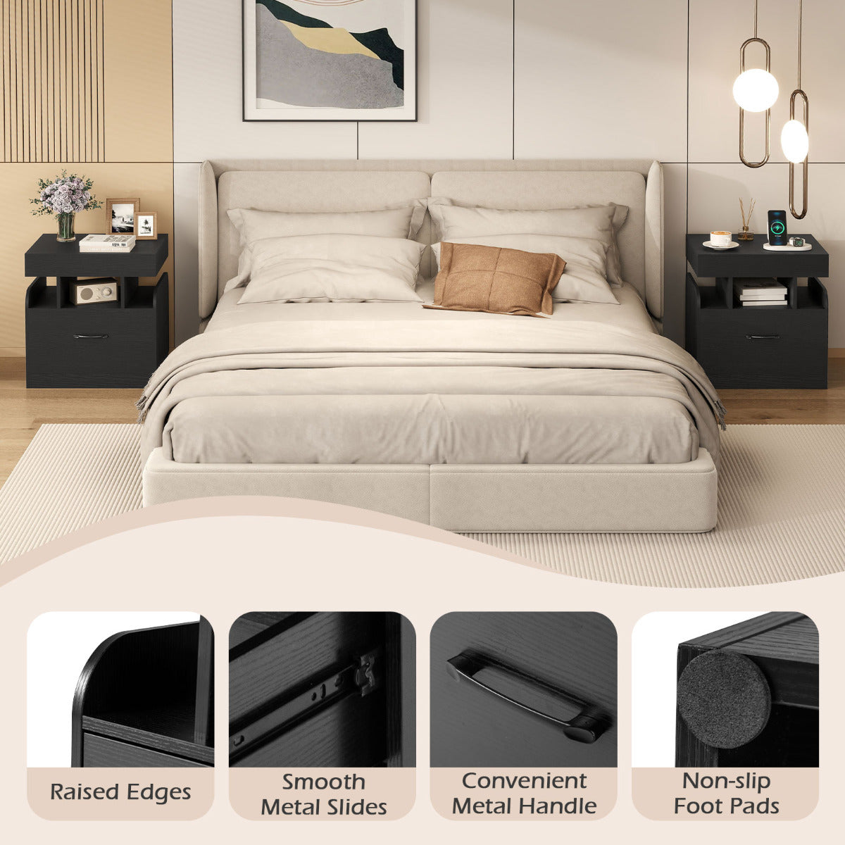 Nightstand with Charging Station and Sliding Top Storage-Black