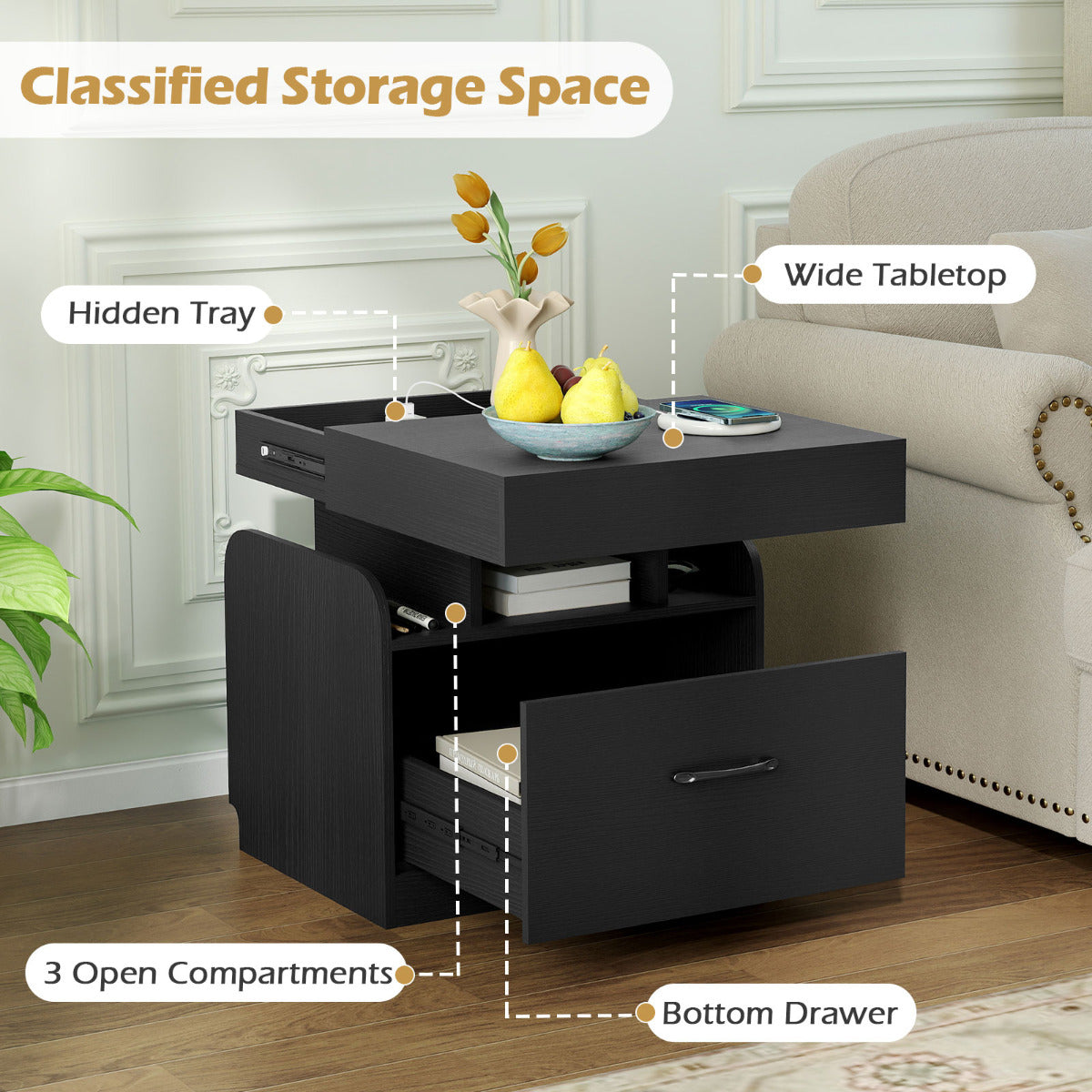 Nightstand with Charging Station and Sliding Top Storage-Black
