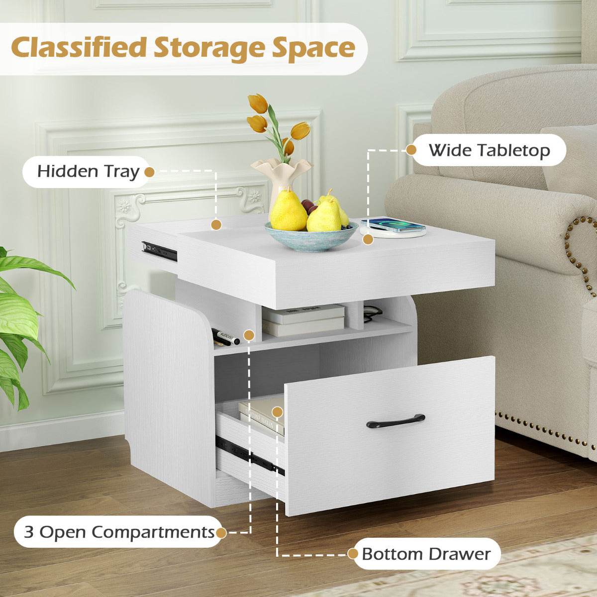 Nightstand with Charging Station and Sliding Top Storage-White