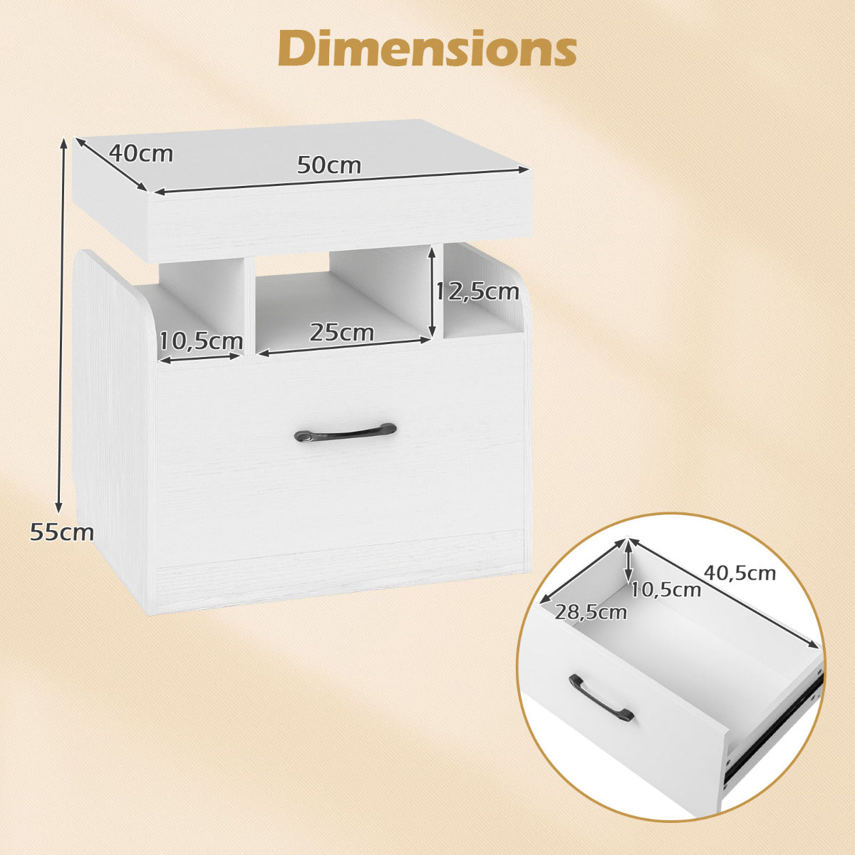 Nightstand with Charging Station and Sliding Top Storage-White