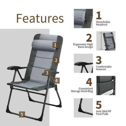 Removable headrest pillow and ottoman add relaxation for camping, fishing, and patio lounging