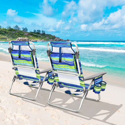 Costway 2-Pack Folding Backpack 5-Position Beach Chair with Pillow for Outdoor Blue