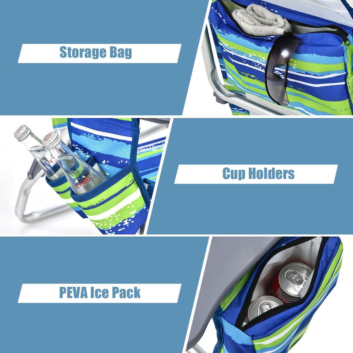 Costway 2-Pack Folding Backpack 5-Position Beach Chair with Pillow for Outdoor Blue