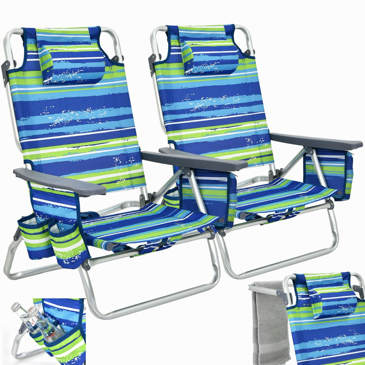 Costway 2-Pack Folding Backpack 5-Position Beach Chair with Pillow for Outdoor Blue
