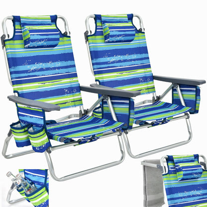 Costway 2-Pack Folding Backpack 5-Position Beach Chair with Pillow for Outdoor Blue