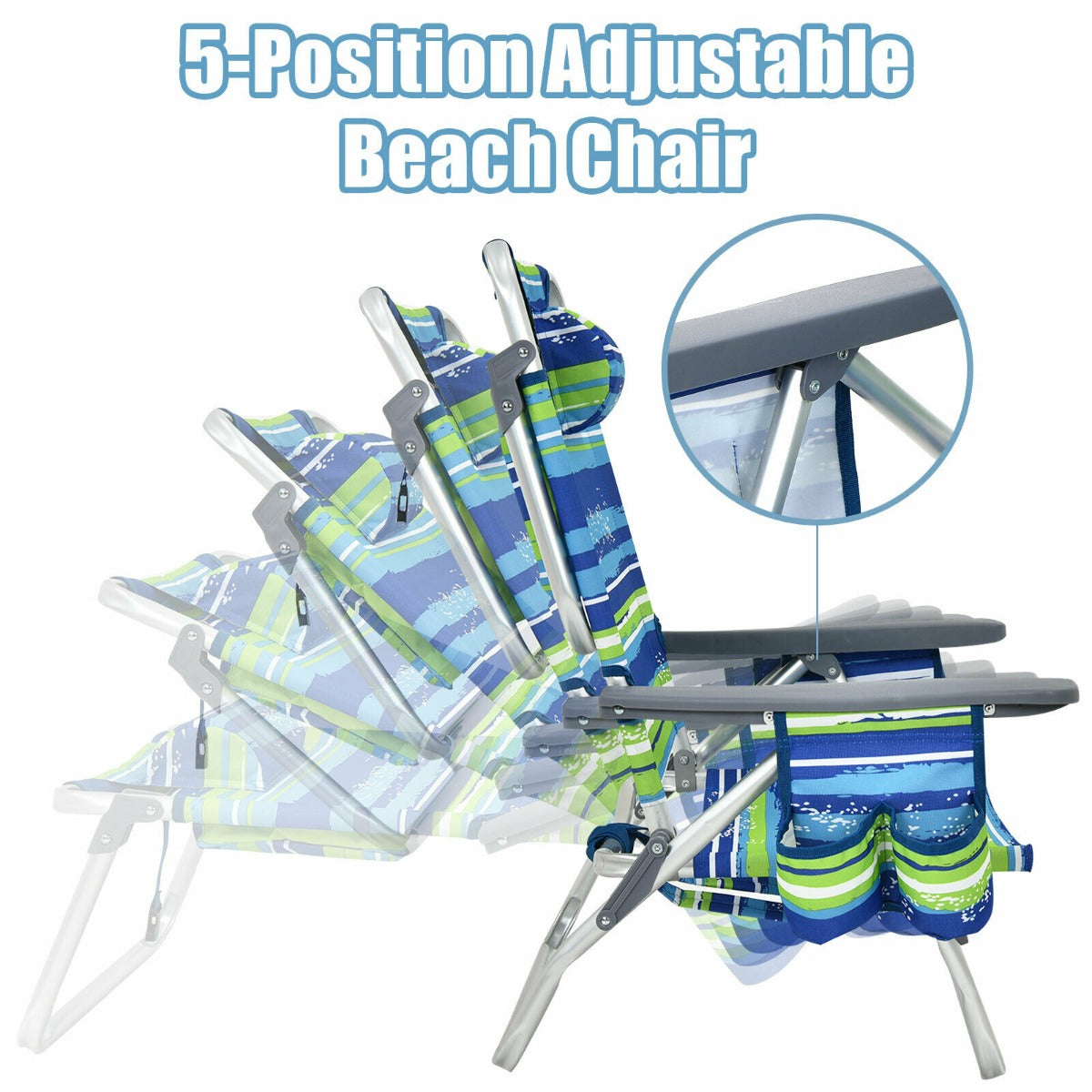 Costway 2-Pack Folding Backpack 5-Position Beach Chair with Pillow for Outdoor Blue