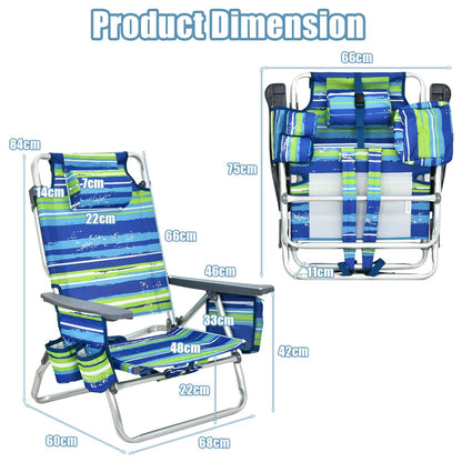 Costway 2-Pack Folding Backpack 5-Position Beach Chair with Pillow for Outdoor Blue