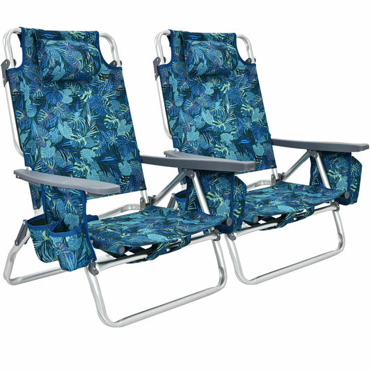 Costway Set of 2 Folding Beach Chair Set with Headrest and Cup Holder-Blue